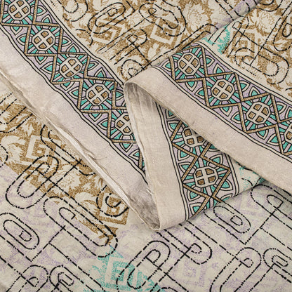 Sanskriti Vintage Beige Pure Silk Saree Paisley Geometric Print 5.5Yard Sari Diy