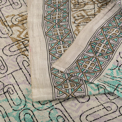 Sanskriti Vintage Beige Pure Silk Saree Paisley Geometric Print 5.5Yard Sari Diy