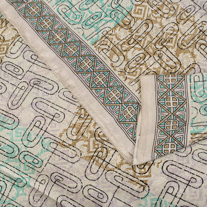 Sanskriti Vintage Beige Pure Silk Saree Paisley Geometric Print 5.5Yard Sari Diy