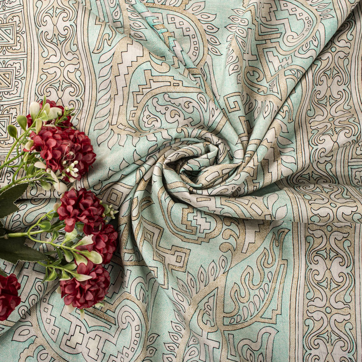 Sanskriti Vintage Beige Pure Silk Saree Paisley Geometric Print 5.5Yard Sari Diy