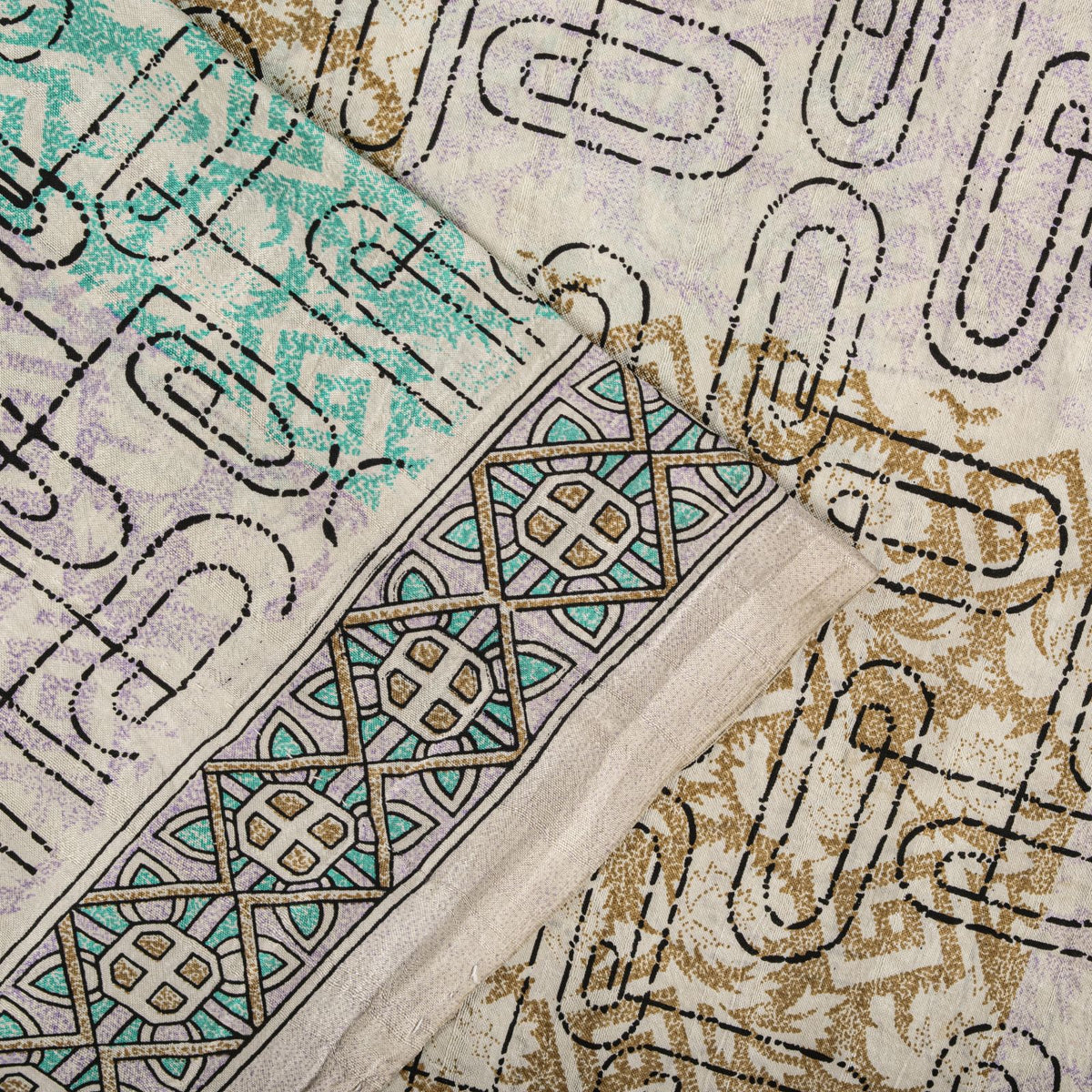 Sanskriti Vintage Beige Pure Silk Saree Paisley Geometric Print 5.5Yard Sari Diy