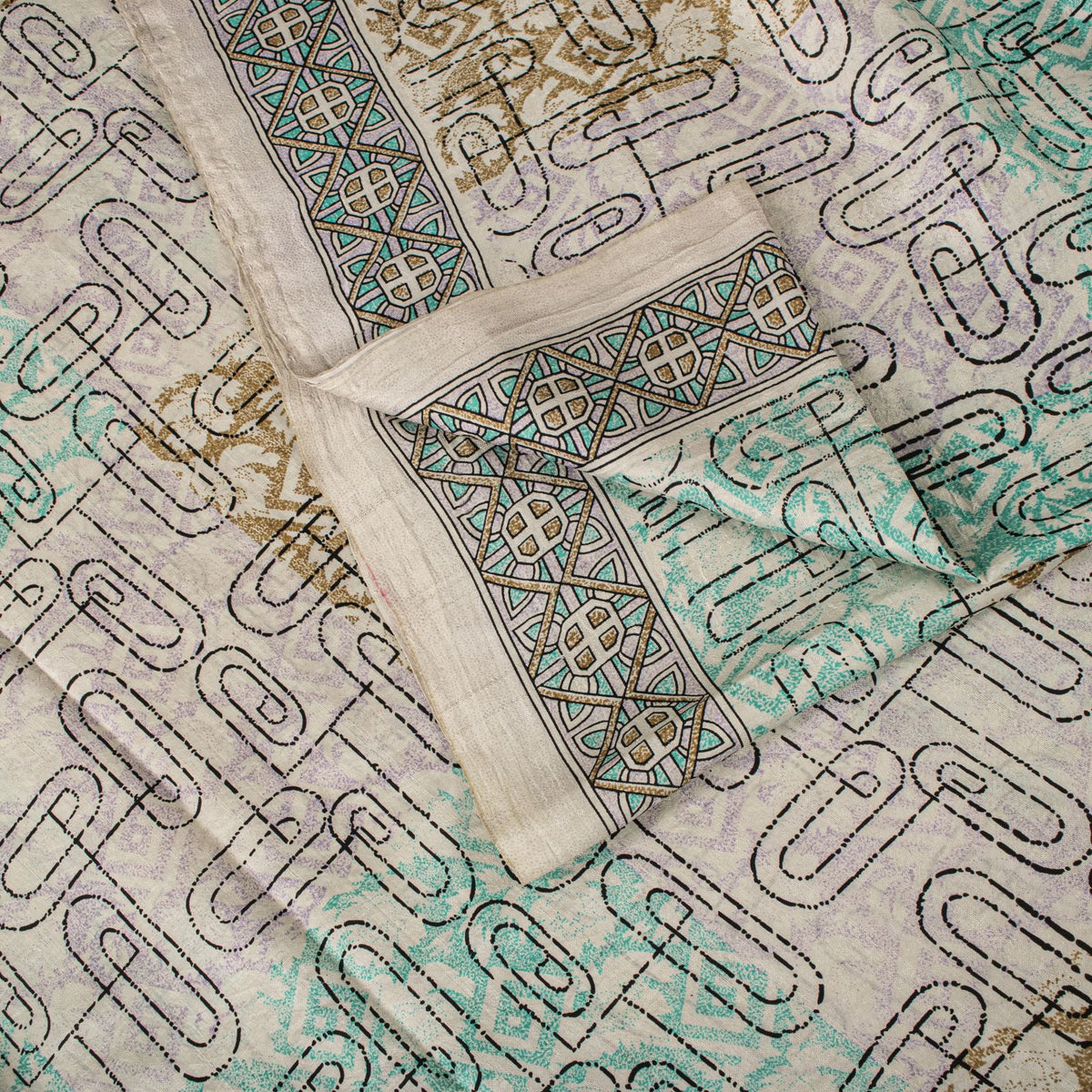 Sanskriti Vintage Beige Pure Silk Saree Paisley Geometric Print 5.5Yard Sari Diy