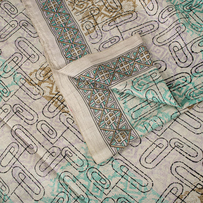Sanskriti Vintage Beige Pure Silk Saree Paisley Geometric Print 5.5Yard Sari Diy