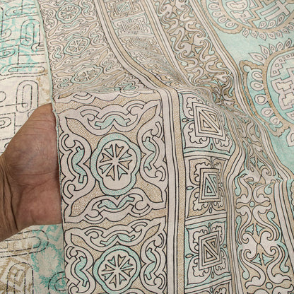 Sanskriti Vintage Beige Pure Silk Saree Paisley Geometric Print 5.5Yard Sari Diy