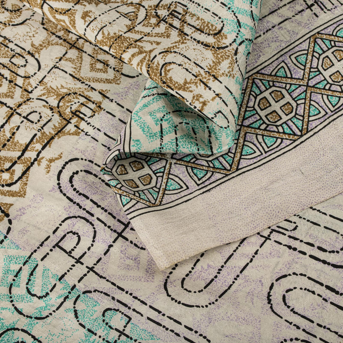 Sanskriti Vintage Beige Pure Silk Saree Paisley Geometric Print 5.5Yard Sari Diy