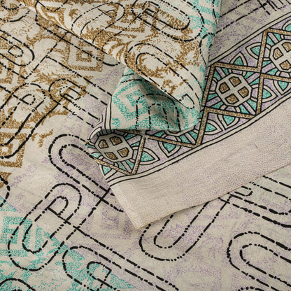 Sanskriti Vintage Beige Pure Silk Saree Paisley Geometric Print 5.5Yard Sari Diy