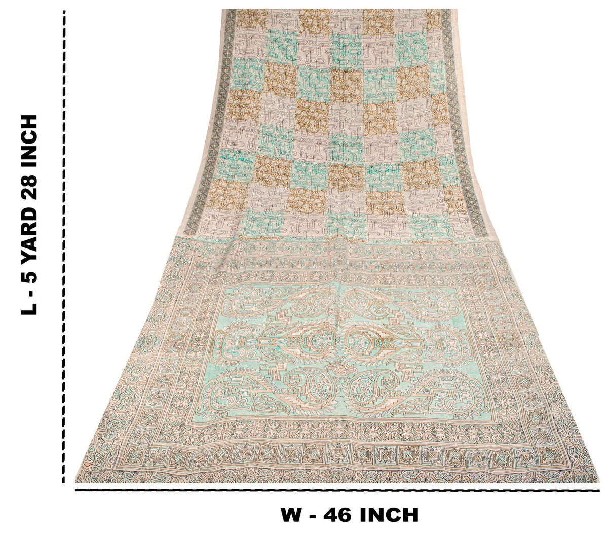 Sanskriti Vintage Beige Pure Silk Saree Paisley Geometric Print 5.5Yard Sari Diy