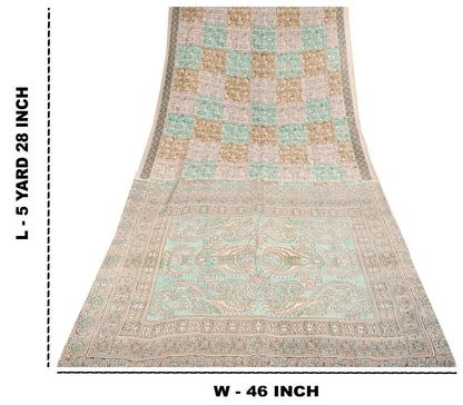 Sanskriti Vintage Beige Pure Silk Saree Paisley Geometric Print 5.5Yard Sari Diy