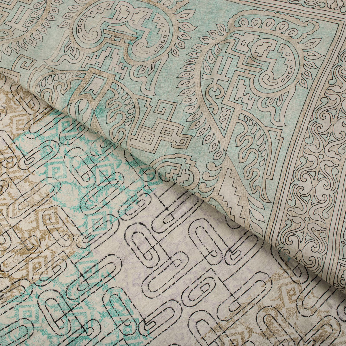 Sanskriti Vintage Beige Pure Silk Saree Paisley Geometric Print 5.5Yard Sari Diy