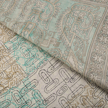 Sanskriti Vintage Beige Pure Silk Saree Paisley Geometric Print 5.5Yard Sari Diy