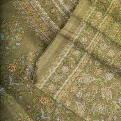Sanskriti Vintage Green Pure Silk Saree Floral Paisley Print Sari 6+Yard Fabric