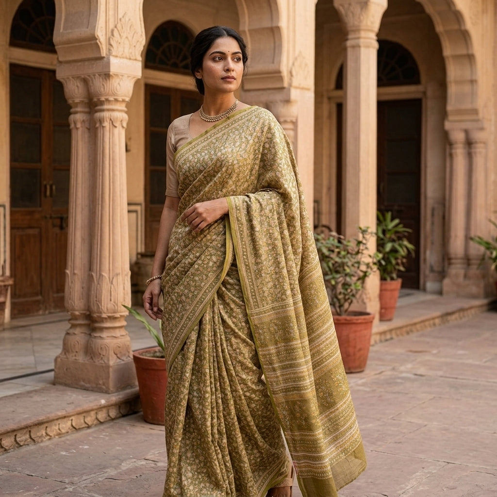 Sanskriti Vintage Green Pure Silk Saree Floral Paisley Print Sari 6+Yard Fabric