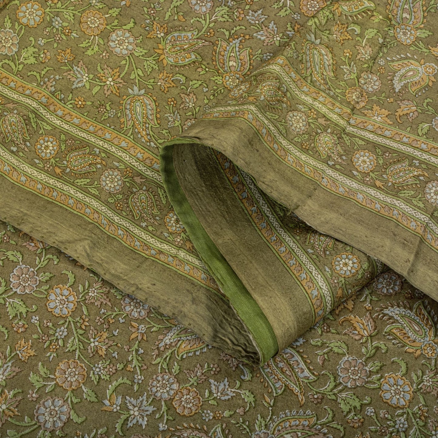 Sanskriti Vintage Green Pure Silk Saree Floral Paisley Print Sari 6+Yard Fabric
