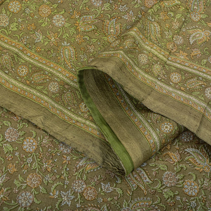 Sanskriti Vintage Green Pure Silk Saree Floral Paisley Print Sari 6+Yard Fabric