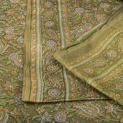 Sanskriti Vintage Green Pure Silk Saree Floral Paisley Print Sari 6+Yard Fabric