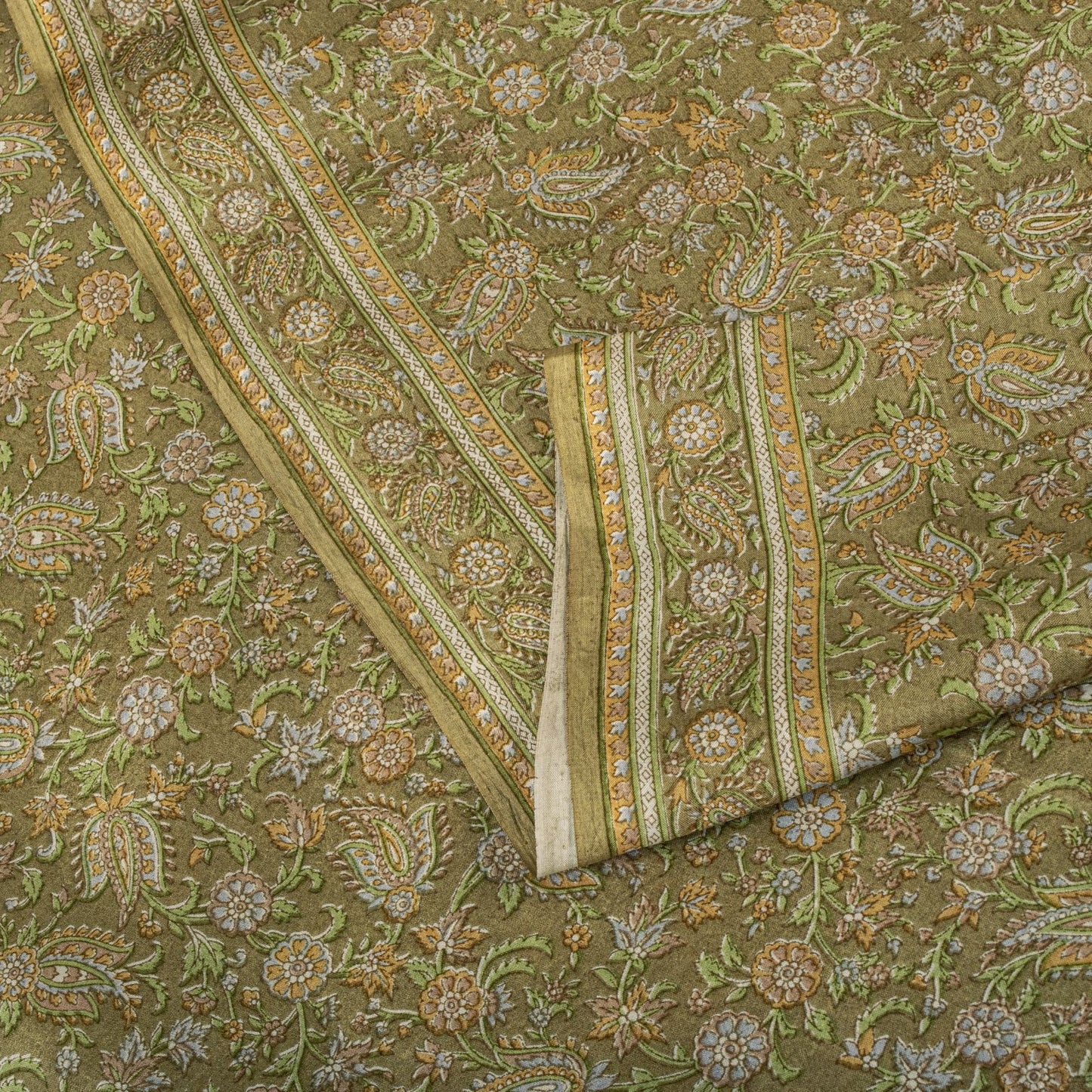 Sanskriti Vintage Green Pure Silk Saree Floral Paisley Print Sari 6+Yard Fabric