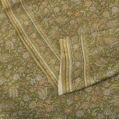 Sanskriti Vintage Green Pure Silk Saree Floral Paisley Print Sari 6+Yard Fabric