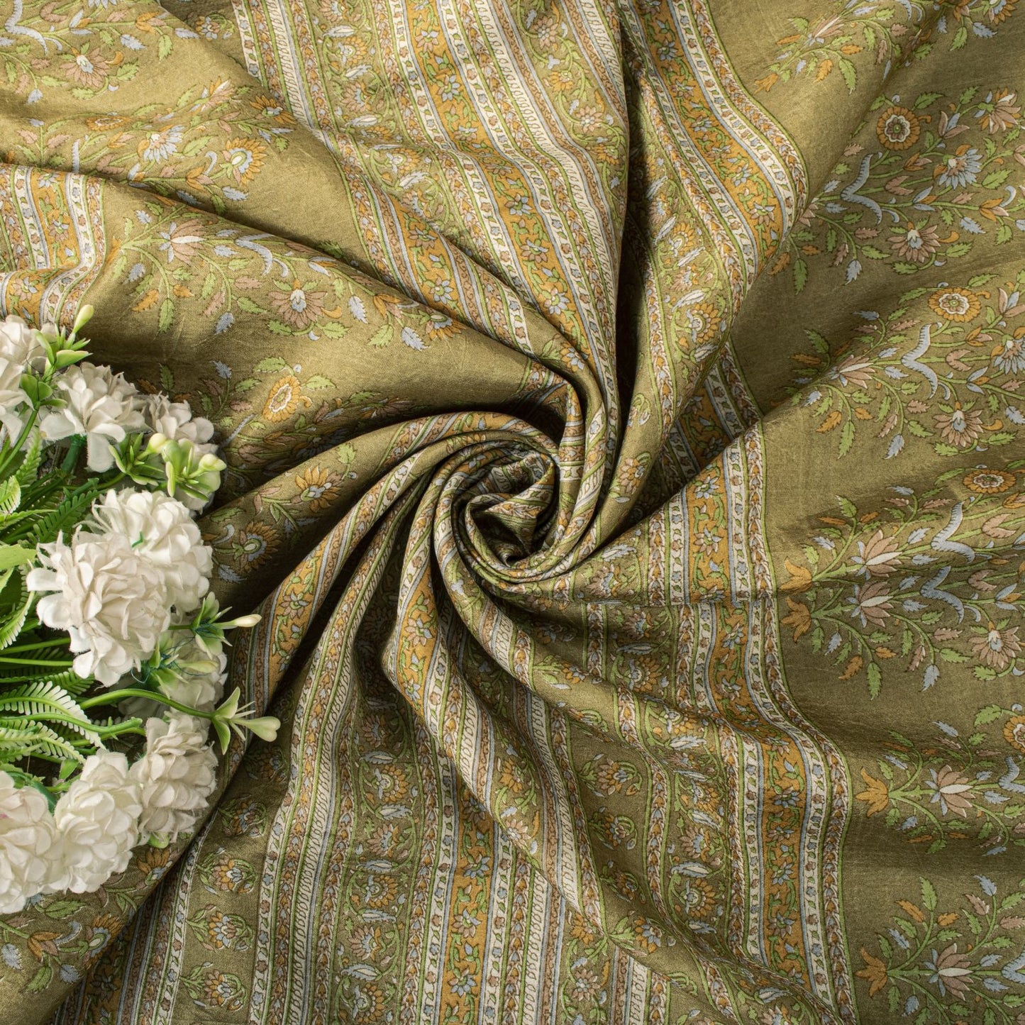 Sanskriti Vintage Green Pure Silk Saree Floral Paisley Print Sari 6+Yard Fabric