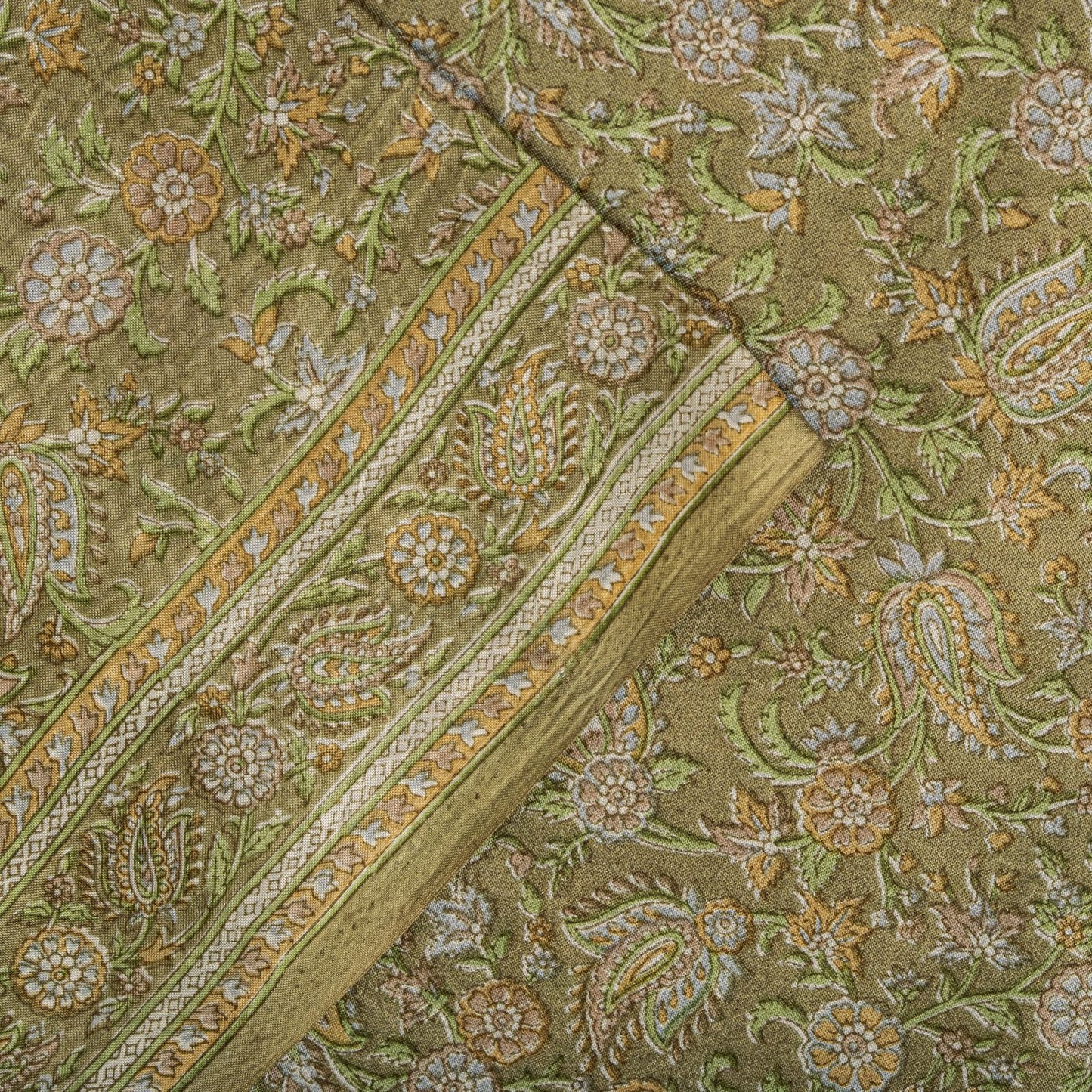 Sanskriti Vintage Green Pure Silk Saree Floral Paisley Print Sari 6+Yard Fabric