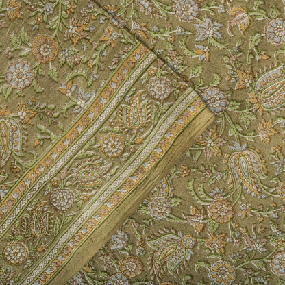 Sanskriti Vintage Green Pure Silk Saree Floral Paisley Print Sari 6+Yard Fabric