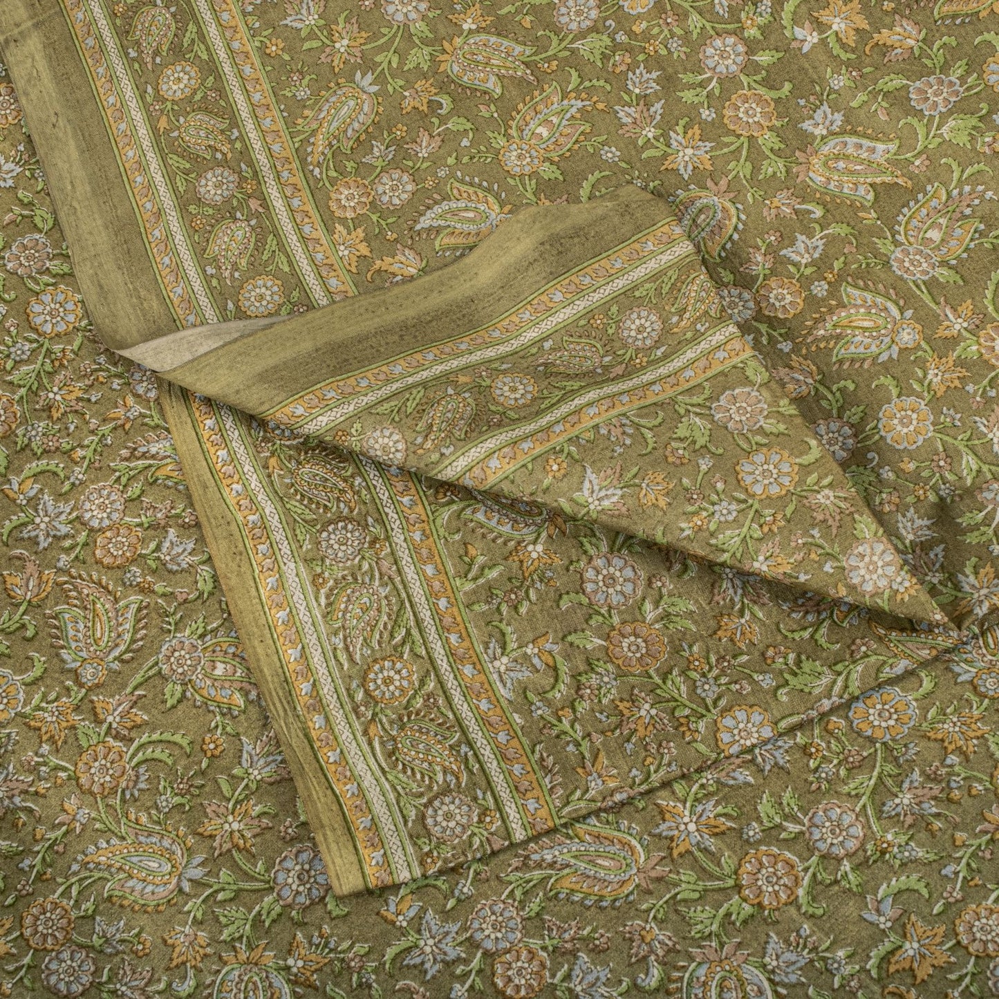 Sanskriti Vintage Green Pure Silk Saree Floral Paisley Print Sari 6+Yard Fabric