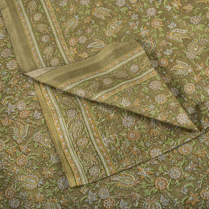 Sanskriti Vintage Green Pure Silk Saree Floral Paisley Print Sari 6+Yard Fabric