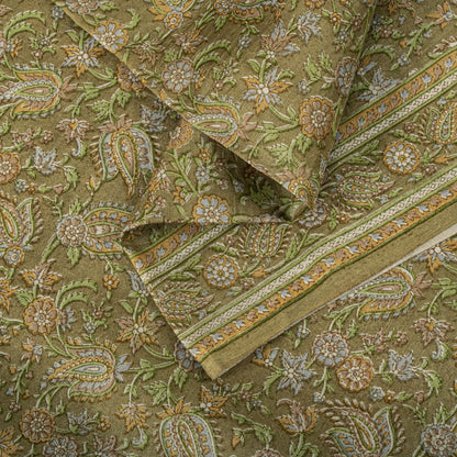 Sanskriti Vintage Green Pure Silk Saree Floral Paisley Print Sari 6+Yard Fabric
