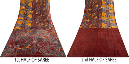 Sanskriti Vintage Saree Maroon Soft Pure Silk Abstract Print Sari 5.5+Yd Fabric