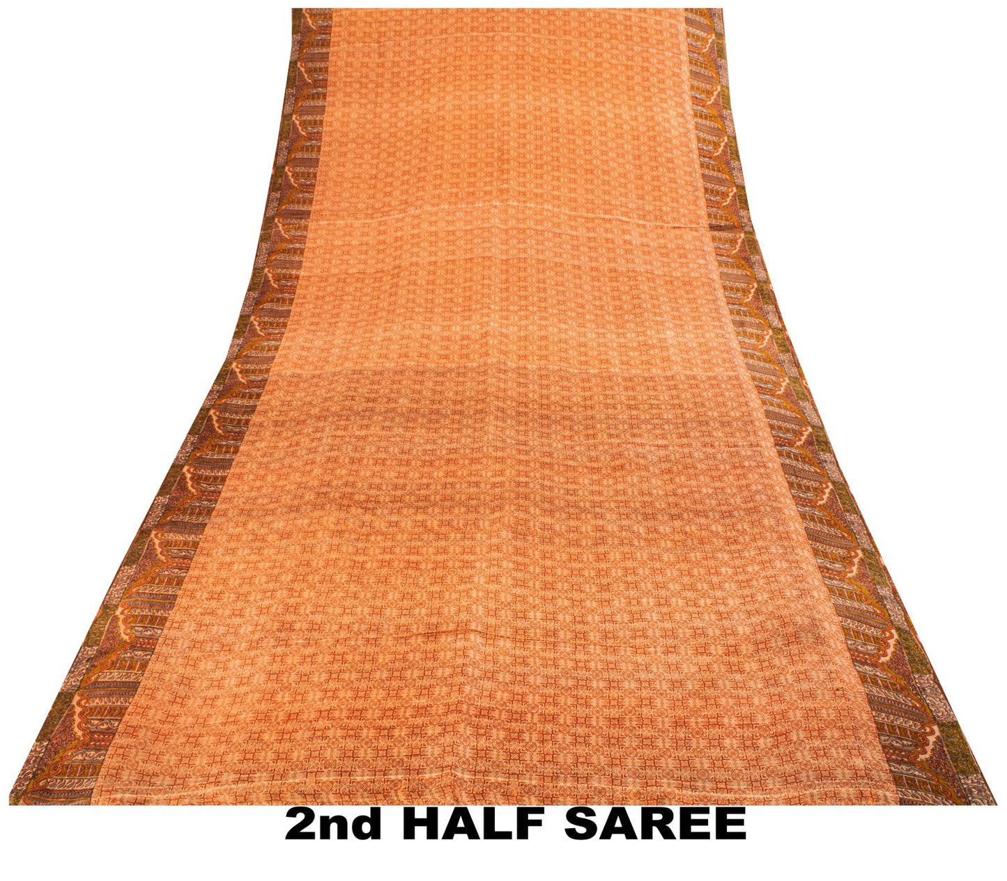 Sanskriti Vintage Saree Peach Pure Silk Floral Geometric Print Sari 5.5Yd Fabric