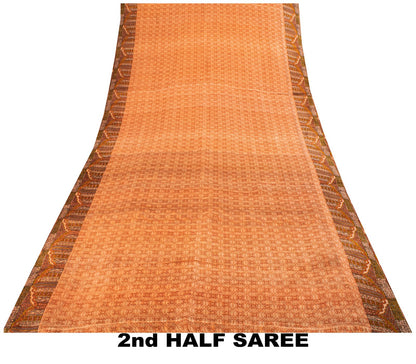 Sanskriti Vintage Saree Peach Pure Silk Floral Geometric Print Sari 5.5Yd Fabric