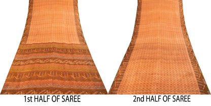 Sanskriti Vintage Saree Peach Pure Silk Floral Geometric Print Sari 5.5Yd Fabric