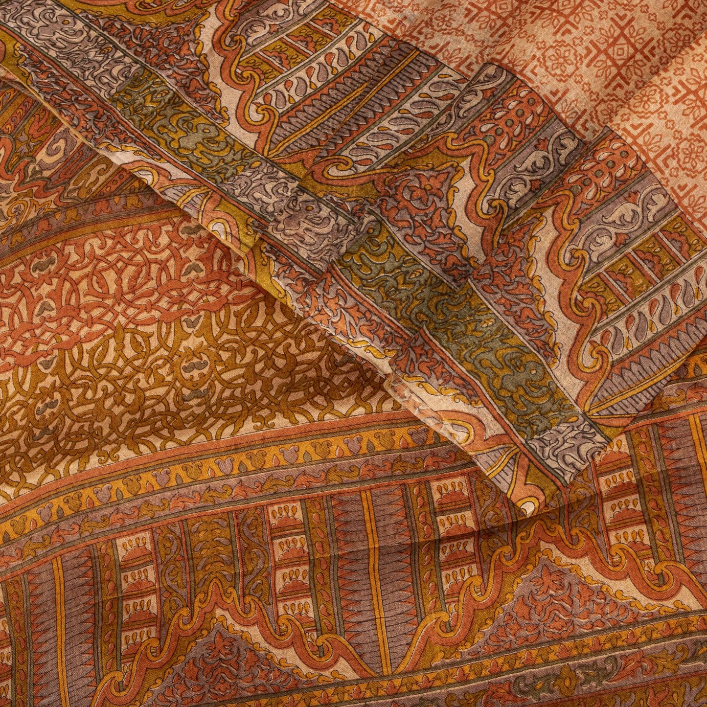 Sanskriti Vintage Saree Peach Pure Silk Floral Geometric Print Sari 5.5Yd Fabric