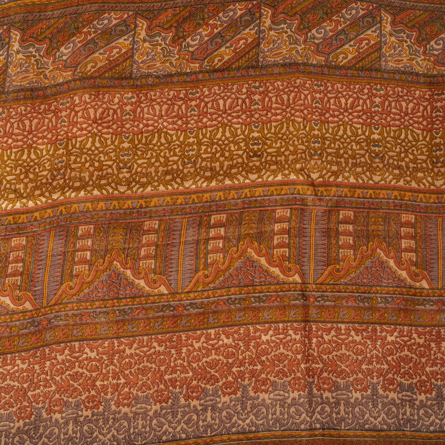 Sanskriti Vintage Saree Peach Pure Silk Floral Geometric Print Sari 5.5Yd Fabric