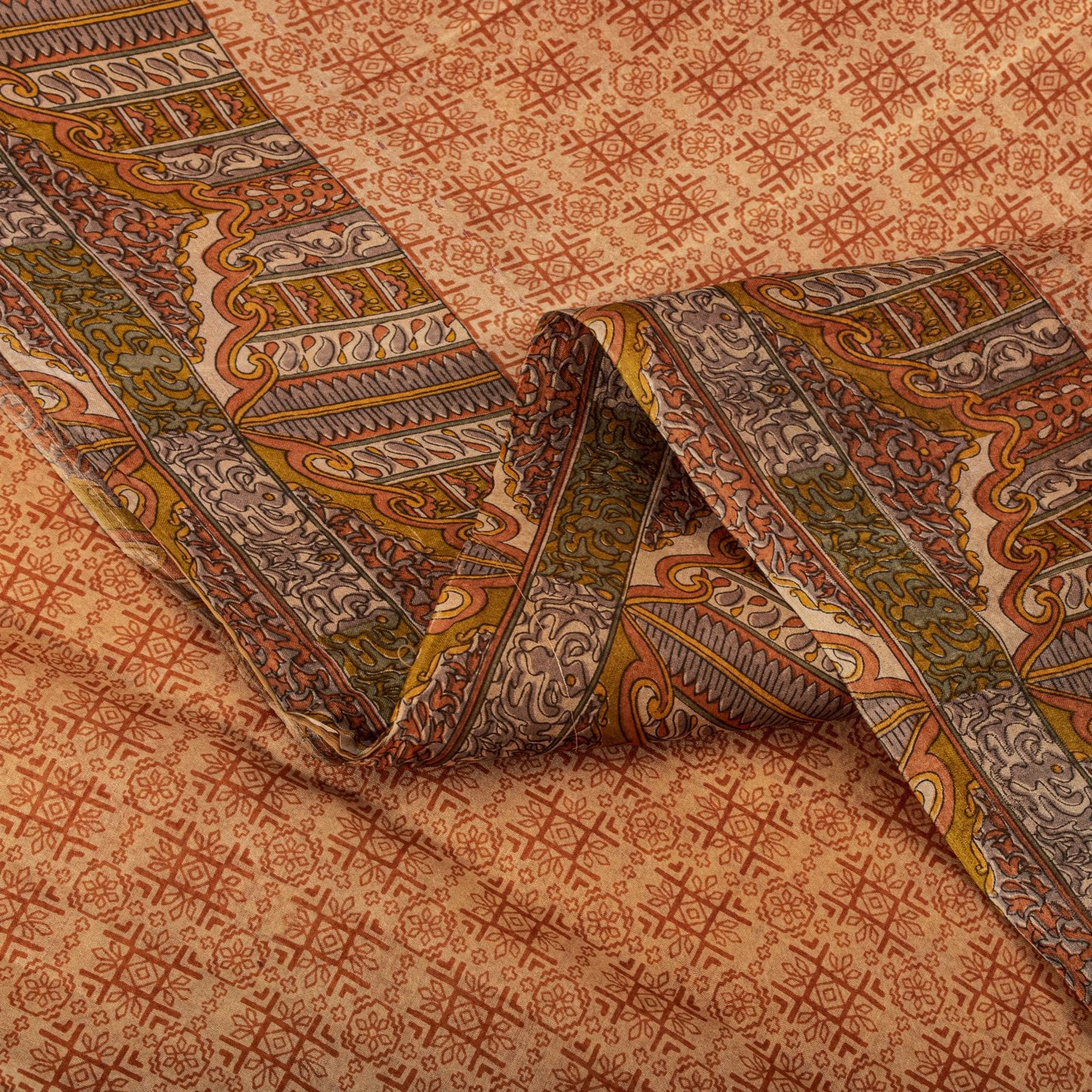 Sanskriti Vintage Saree Peach Pure Silk Floral Geometric Print Sari 5.5Yd Fabric