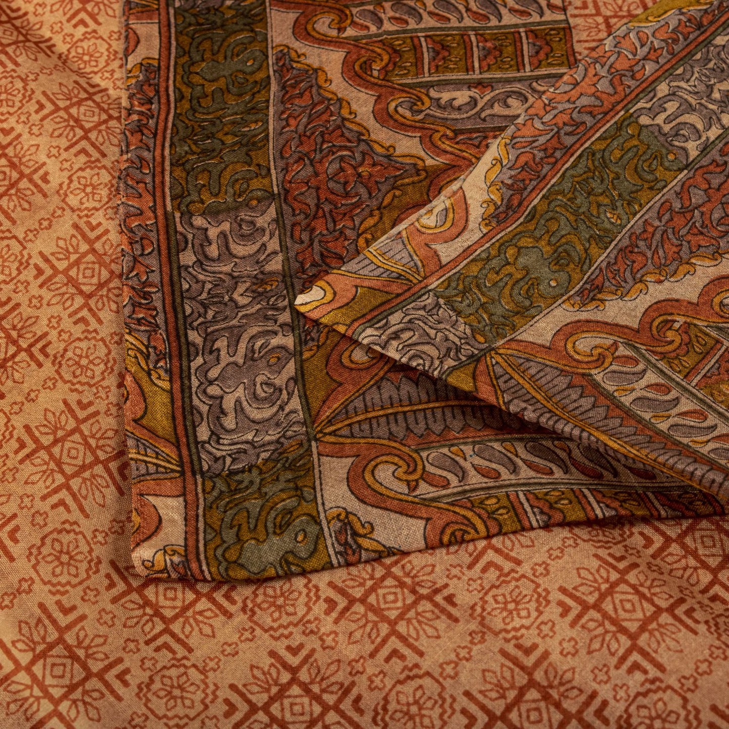 Sanskriti Vintage Saree Peach Pure Silk Floral Geometric Print Sari 5.5Yd Fabric