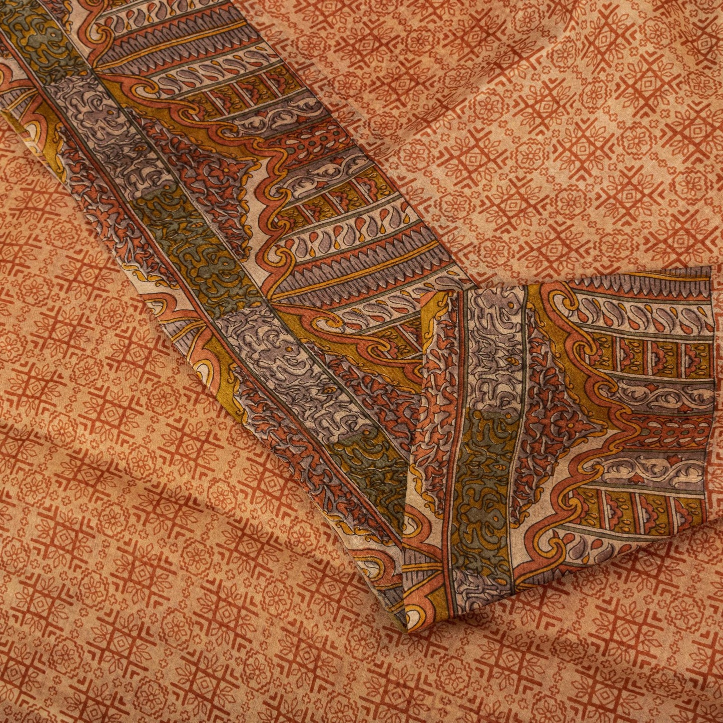 Sanskriti Vintage Saree Peach Pure Silk Floral Geometric Print Sari 5.5Yd Fabric