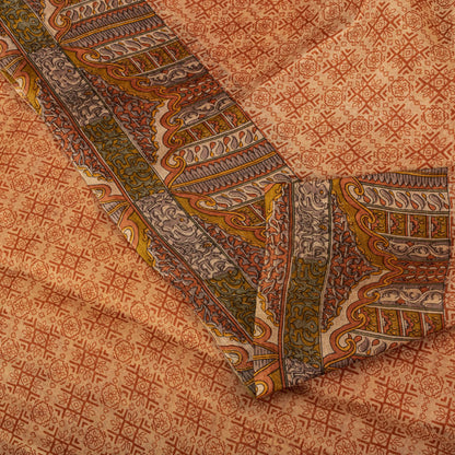 Sanskriti Vintage Saree Peach Pure Silk Floral Geometric Print Sari 5.5Yd Fabric