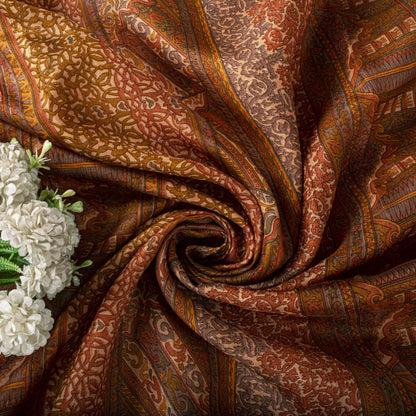 Sanskriti Vintage Saree Peach Pure Silk Floral Geometric Print Sari 5.5Yd Fabric