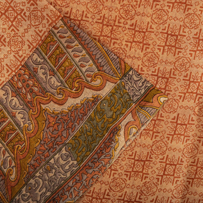 Sanskriti Vintage Saree Peach Pure Silk Floral Geometric Print Sari 5.5Yd Fabric