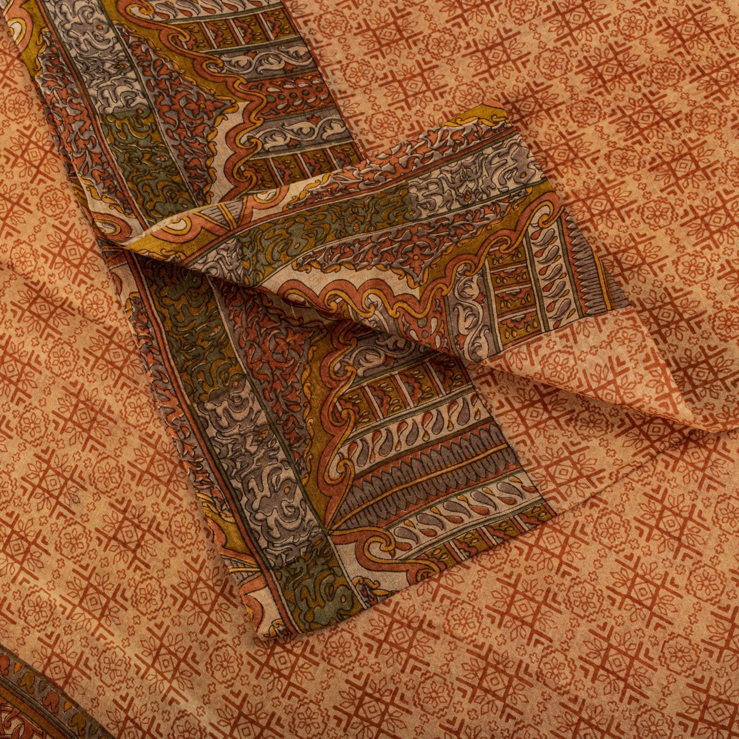 Sanskriti Vintage Saree Peach Pure Silk Floral Geometric Print Sari 5.5Yd Fabric