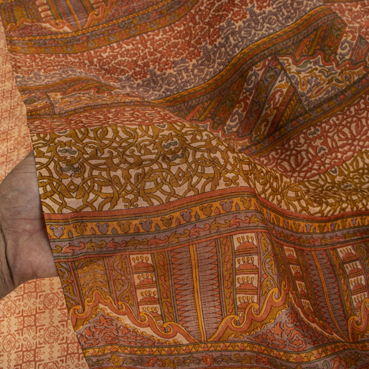 Sanskriti Vintage Saree Peach Pure Silk Floral Geometric Print Sari 5.5Yd Fabric
