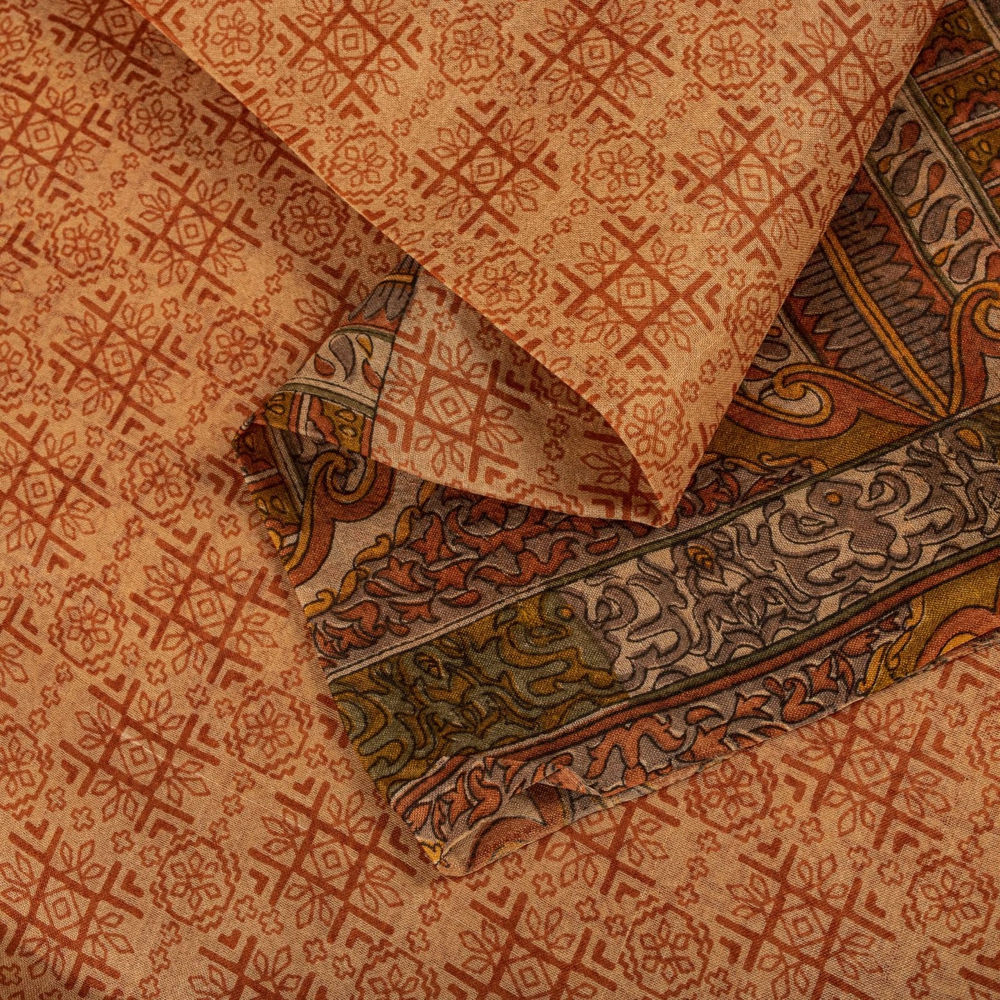 Sanskriti Vintage Saree Peach Pure Silk Floral Geometric Print Sari 5.5Yd Fabric