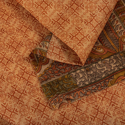 Sanskriti Vintage Saree Peach Pure Silk Floral Geometric Print Sari 5.5Yd Fabric