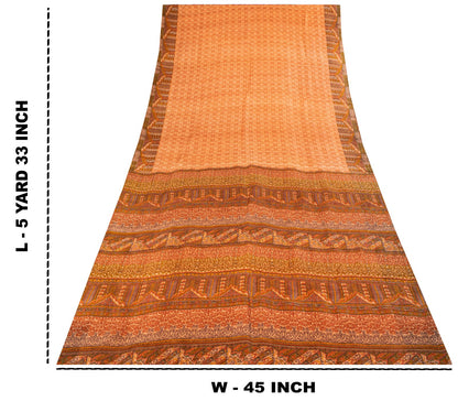 Sanskriti Vintage Saree Peach Pure Silk Floral Geometric Print Sari 5.5Yd Fabric