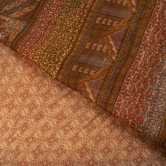 Sanskriti Vintage Saree Peach Pure Silk Floral Geometric Print Sari 5.5Yd Fabric