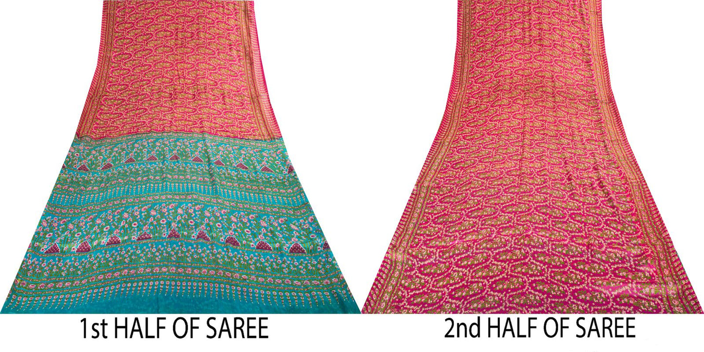 Sanskriti Vintage Saree Pink Soft 100% Pure Silk Floral Print Sari 5.5+Yd Fabric