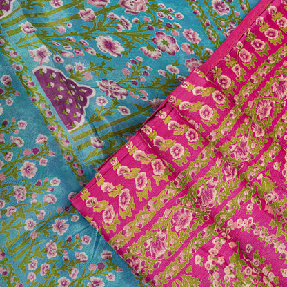 Sanskriti Vintage Saree Pink Soft 100% Pure Silk Floral Print Sari 5.5+Yd Fabric