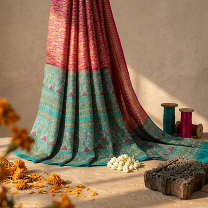 Sanskriti Vintage Saree Pink Soft 100% Pure Silk Floral Print Sari 5.5+Yd Fabric