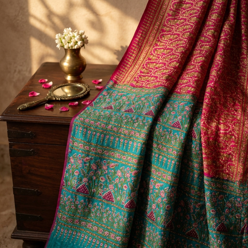 Sanskriti Vintage Saree Pink Soft 100% Pure Silk Floral Print Sari 5.5+Yd Fabric