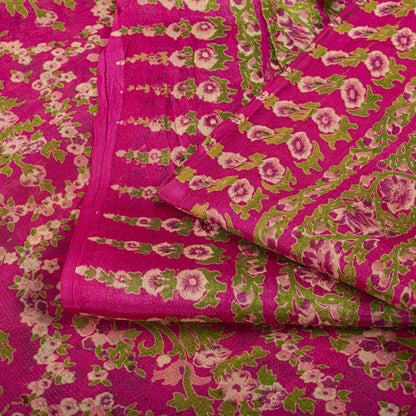 Sanskriti Vintage Saree Pink Soft 100% Pure Silk Floral Print Sari 5.5+Yd Fabric